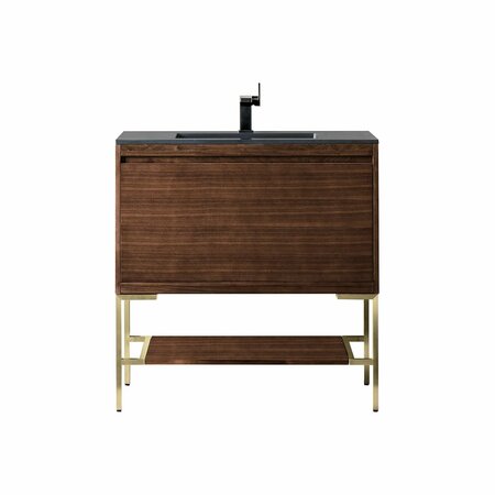 JAMES MARTIN VANITIES 35.4'' Single Vanity, Mid-Century Wlnt, Champagne Brass Base w/ Charcoal Black Composite Stone Top 805-V35.4-W-CB-CH